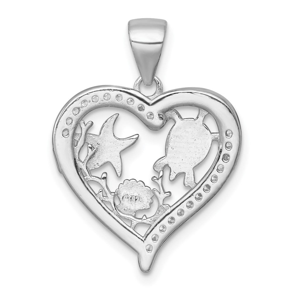 Sterling Silver Rh-Plat Textured Blue Created Opal CZ Sealife Heart Pendant