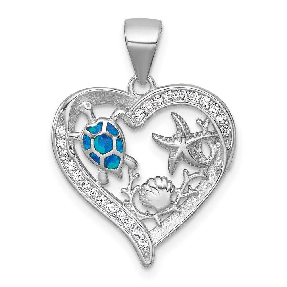 Sterling Silver Rh-Plat Textured Blue Created Opal CZ Sealife Heart Pendant