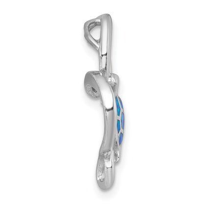Sterling Silver Rhodium Plated Blue Cr. Opal Turtle / Heart Chain Slide Pendant