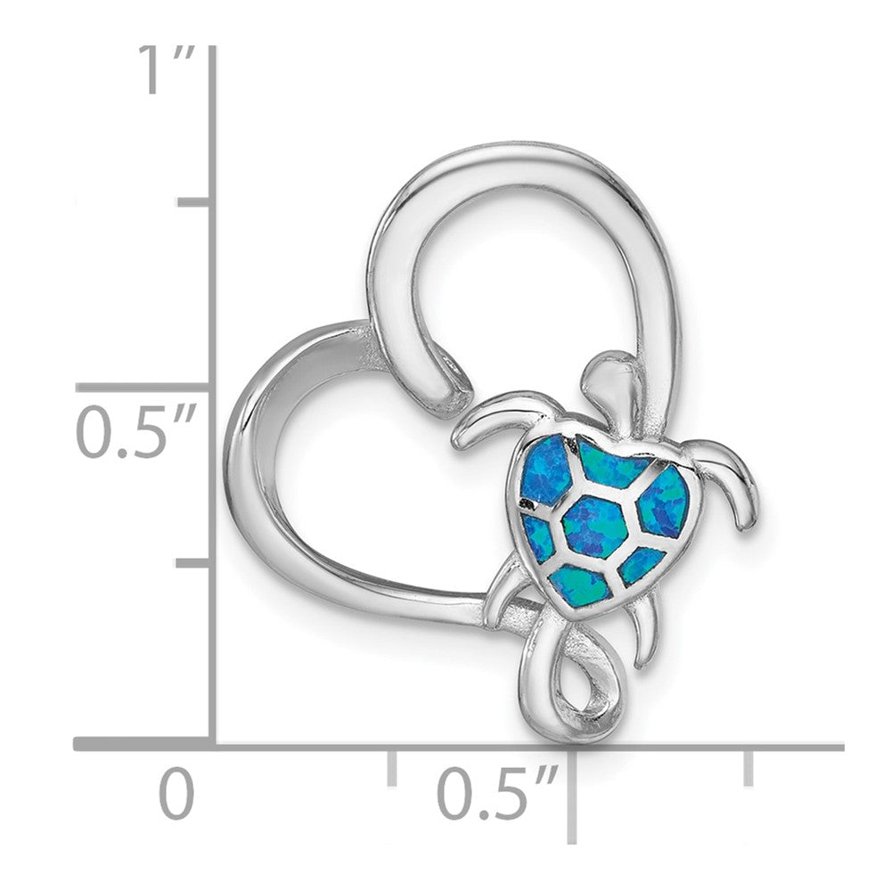 Sterling Silver Rhodium Plated Blue Cr. Opal Turtle / Heart Chain Slide Pendant