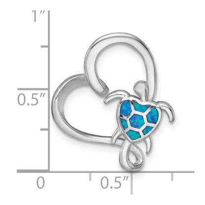 Sterling Silver Rhodium Plated Blue Cr. Opal Turtle / Heart Chain Slide Pendant
