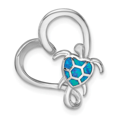 Sterling Silver Rhodium Plated Blue Cr. Opal Turtle / Heart Chain Slide Pendant