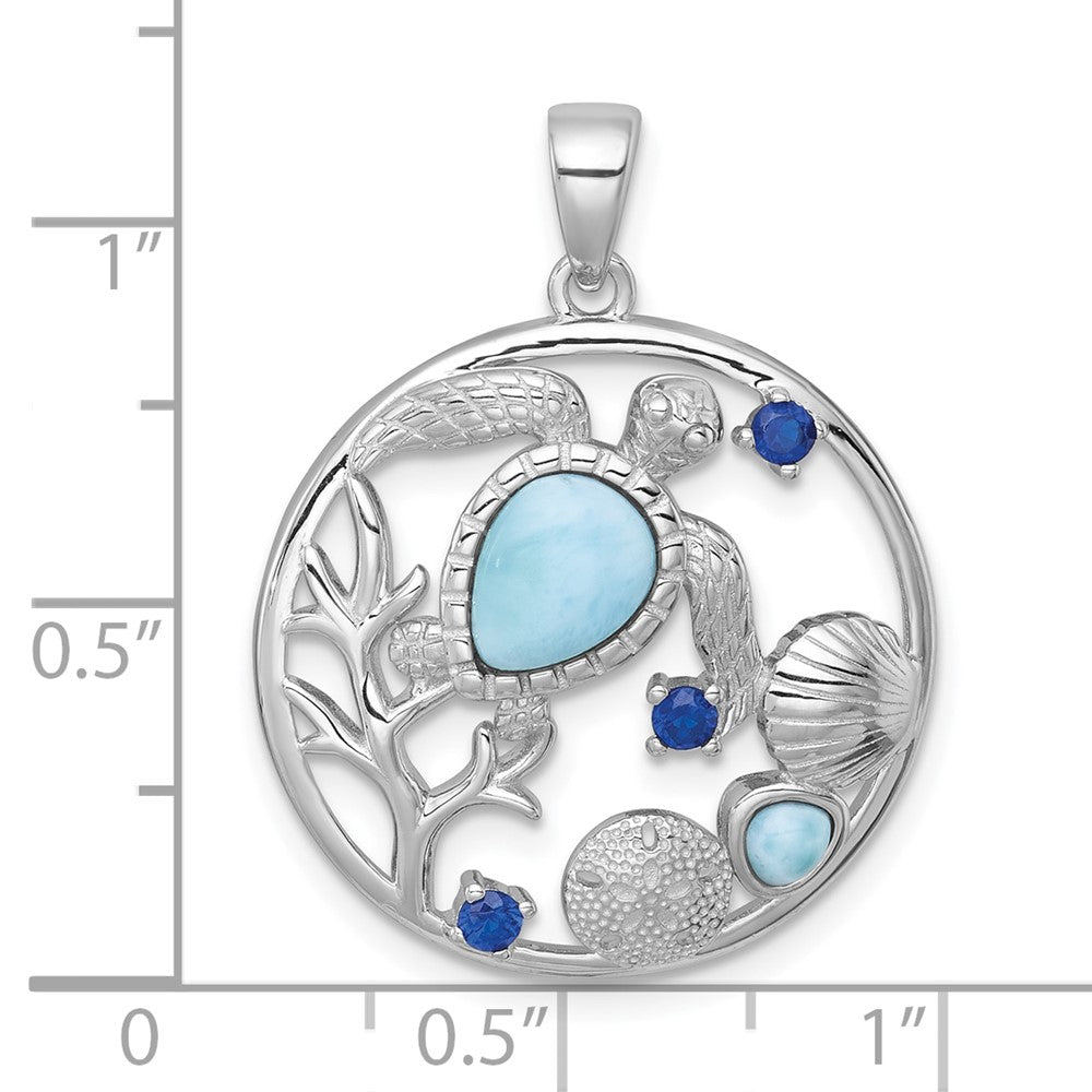 Sterling Silver Rhodium Plated Polished Larimar and Blue CZ Sealife Pendant