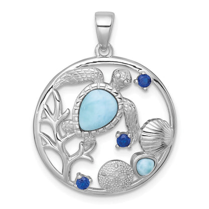 Sterling Silver Rhodium Plated Polished Larimar and Blue CZ Sealife Pendant