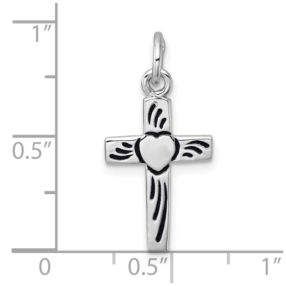 Sterling Silver Rhodium-Plated Enameled Polished Heart Cross Pendant