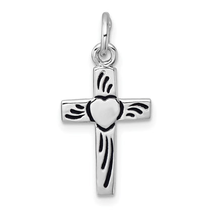 Sterling Silver Rhodium-Plated Enameled Polished Heart Cross Pendant
