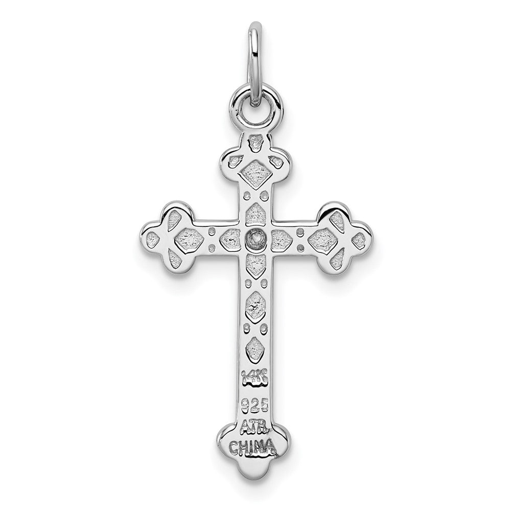 Sterling Silver Rh-Pl w/Silver/14K Two-Tone Accent Polished CZ Budded Cross Pendant