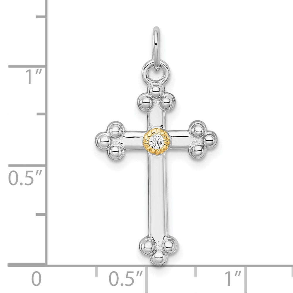 Sterling Silver Rh-Pl w/Silver/14K Two-Tone Accent Polished CZ Budded Cross Pendant