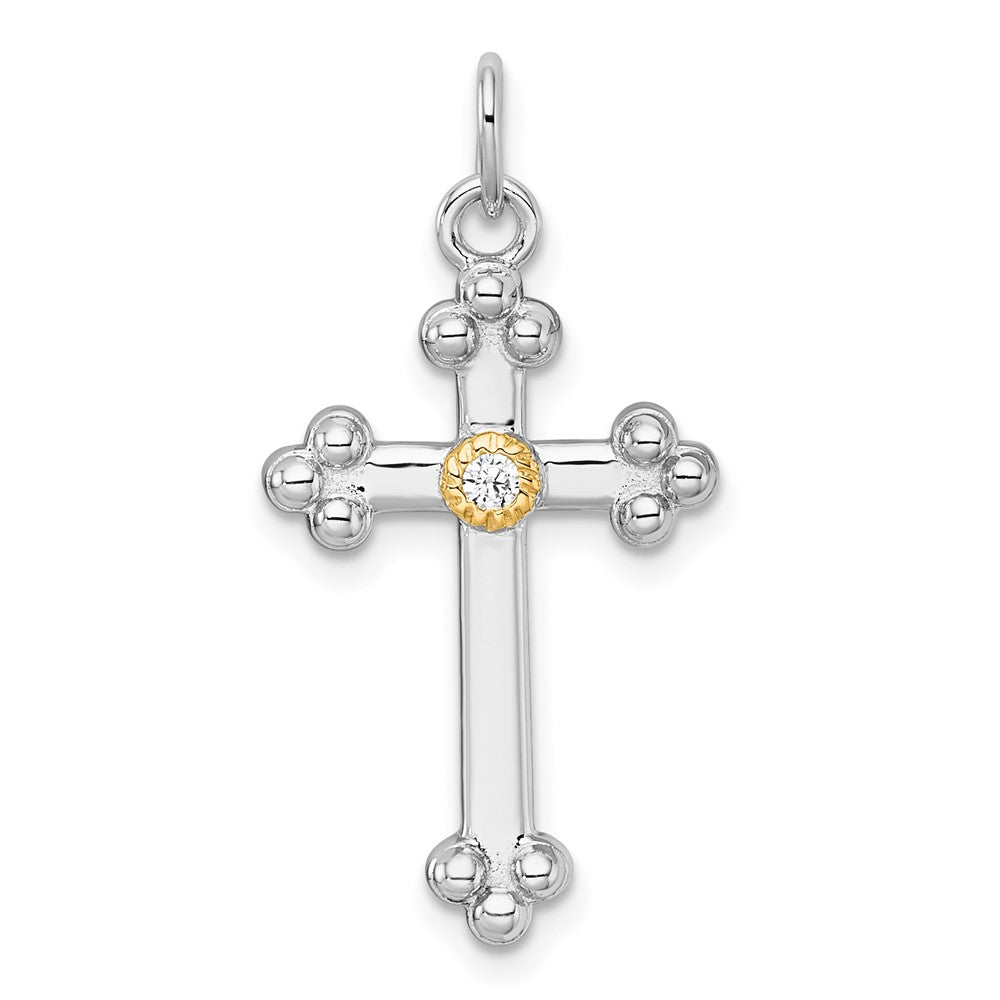 Sterling Silver Rh-Pl w/Silver/14K Two-Tone Accent Polished CZ Budded Cross Pendant