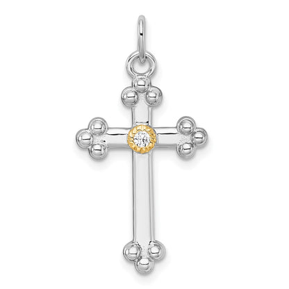 Sterling Silver Rh-Pl w/Silver/14K Two-Tone Accent Polished CZ Budded Cross Pendant
