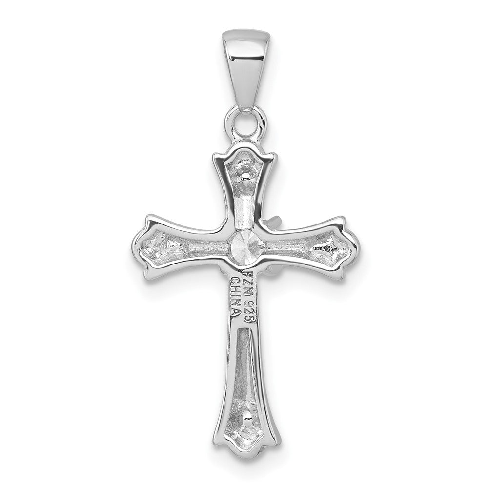 Sterling Silver Rhodium-Plated Fleur De Lis CZ Cross Pendant