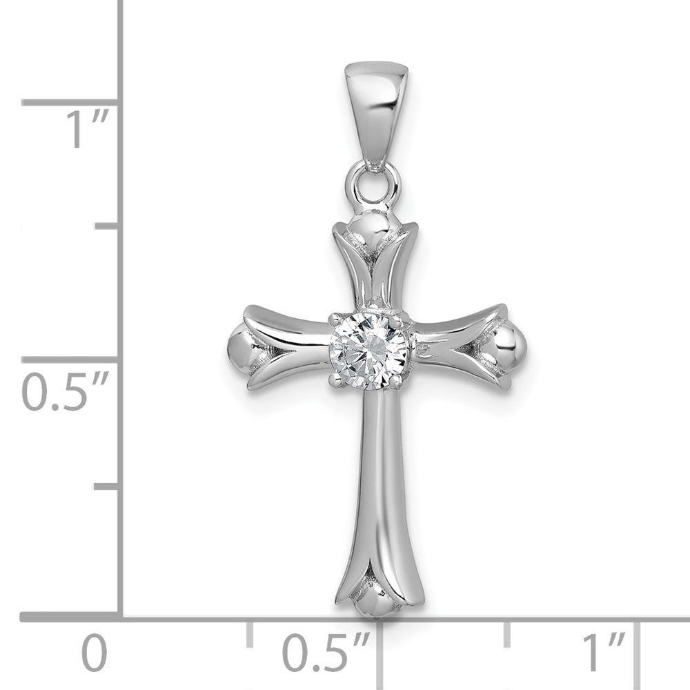Sterling Silver Rhodium-Plated Fleur De Lis CZ Cross Pendant