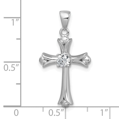 Sterling Silver Rhodium-Plated Fleur De Lis CZ Cross Pendant