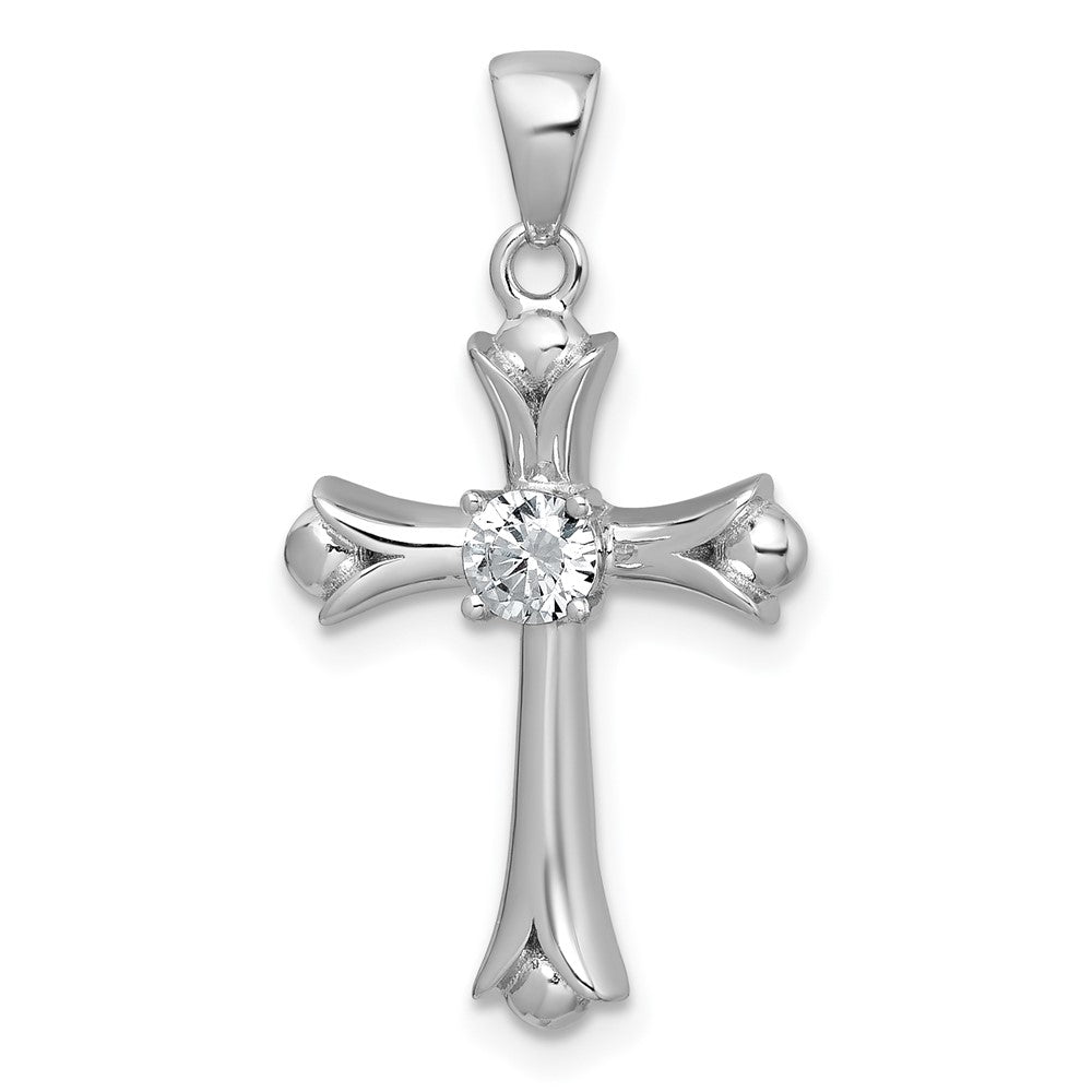Sterling Silver Rhodium-Plated Fleur De Lis CZ Cross Pendant