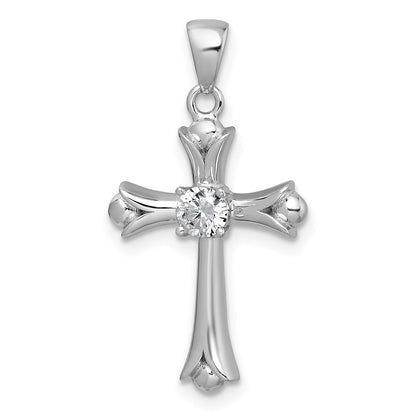 Sterling Silver Rhodium-Plated Fleur De Lis CZ Cross Pendant