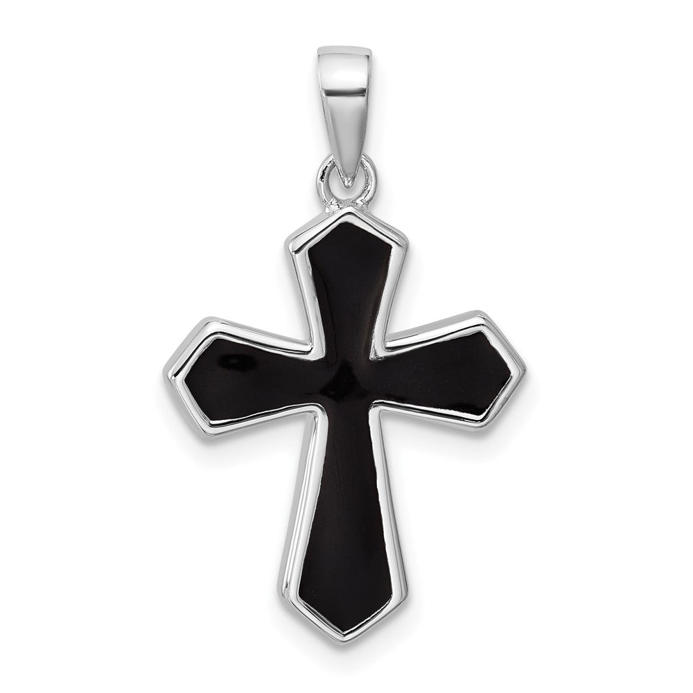 Sterling Silver Rhodium-Plated Black Enamel Cross Pendant