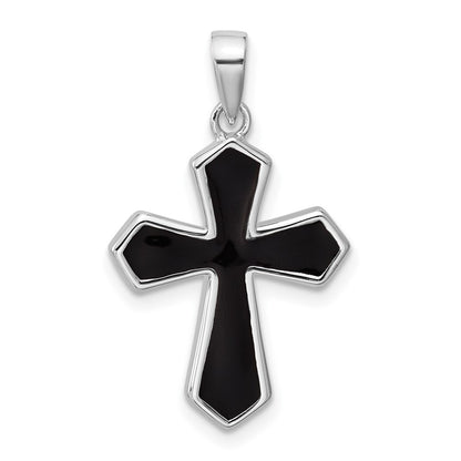 Sterling Silver Rhodium-Plated Black Enamel Cross Pendant