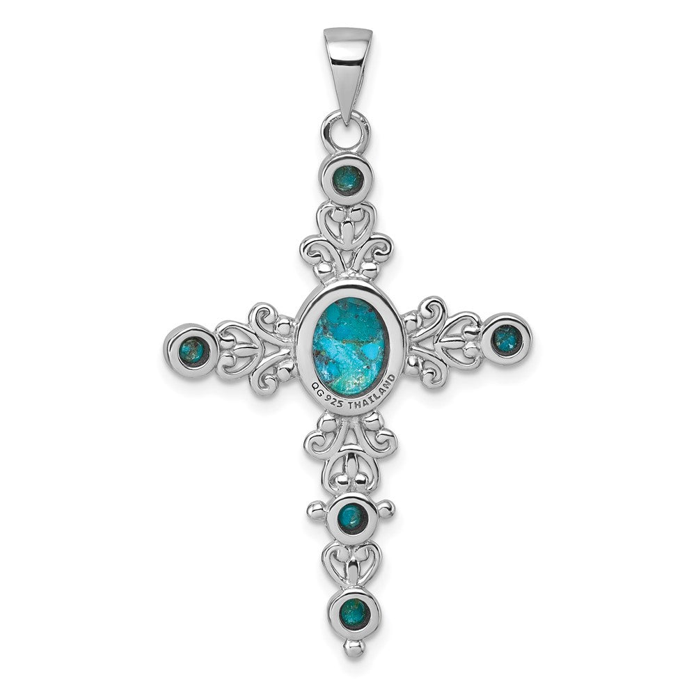 Sterling Silver Rhodium Plated Compressed Turquoise Fancy Cross Pendant