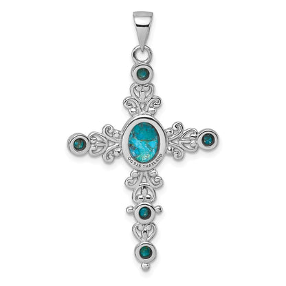 Sterling Silver Rhodium Plated Compressed Turquoise Fancy Cross Pendant