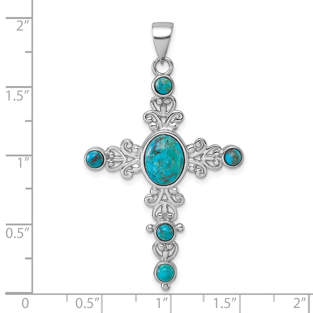 Sterling Silver Rhodium Plated Compressed Turquoise Fancy Cross Pendant