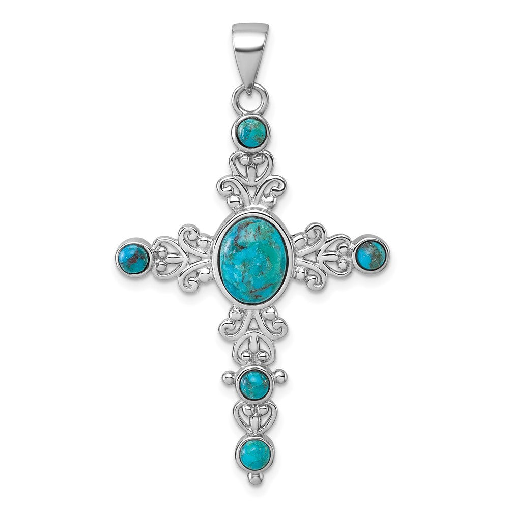 Sterling Silver Rhodium Plated Compressed Turquoise Fancy Cross Pendant