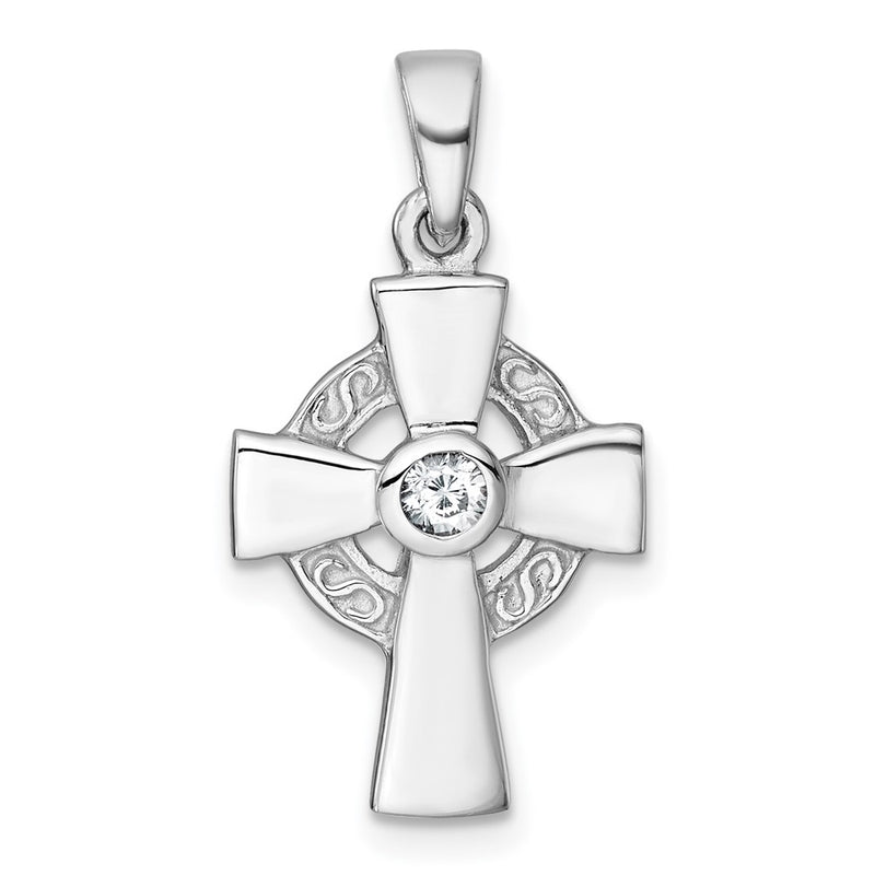 Sterling Silver Rhodium-Plated Polished CZ Celtic Cross Pendant