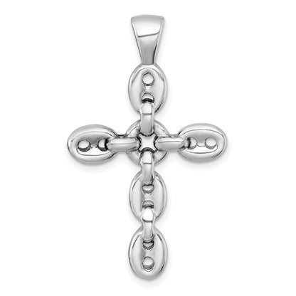 Sterling Silver Rhodium Plated Polished Puffed Mariner/anchor Link Cross Pendant