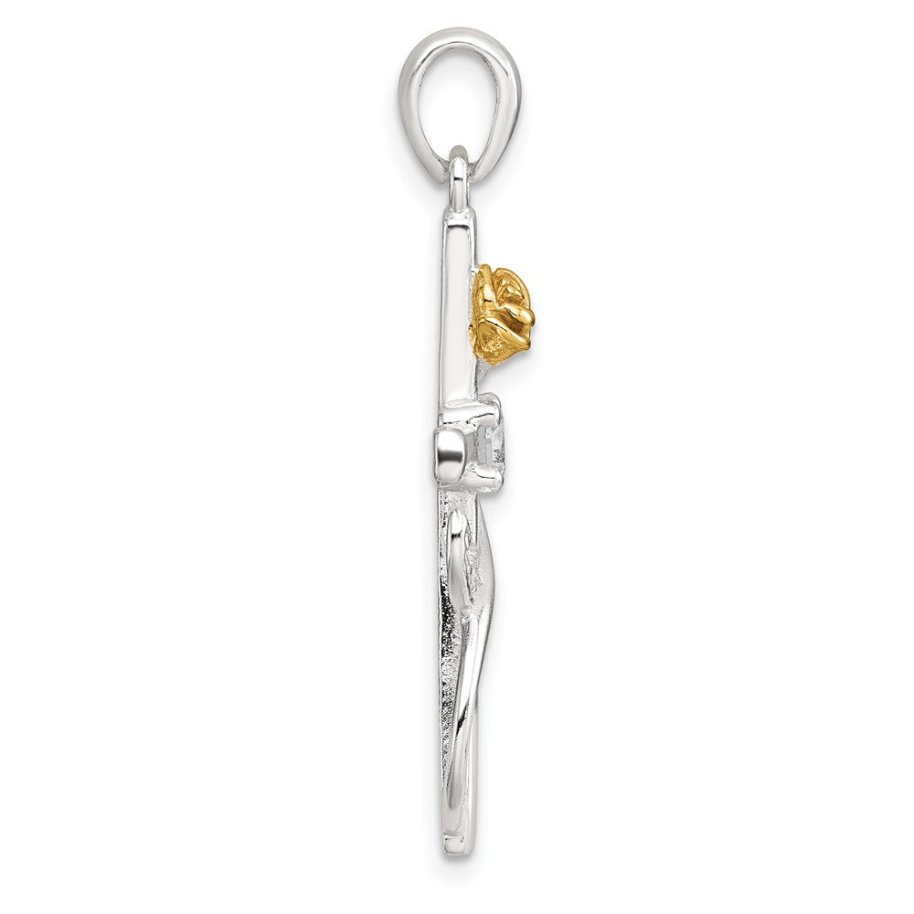 Sterling Silver Gold-Tone CZ Cross with Rose Pendant