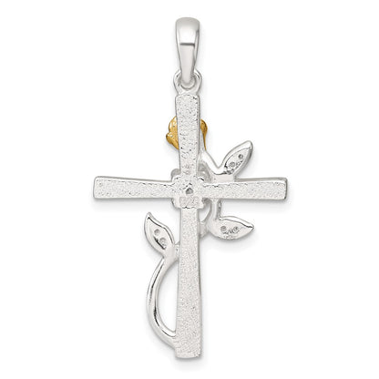 Sterling Silver Gold-Tone CZ Cross with Rose Pendant