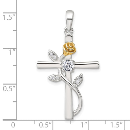 Sterling Silver Gold-Tone CZ Cross with Rose Pendant