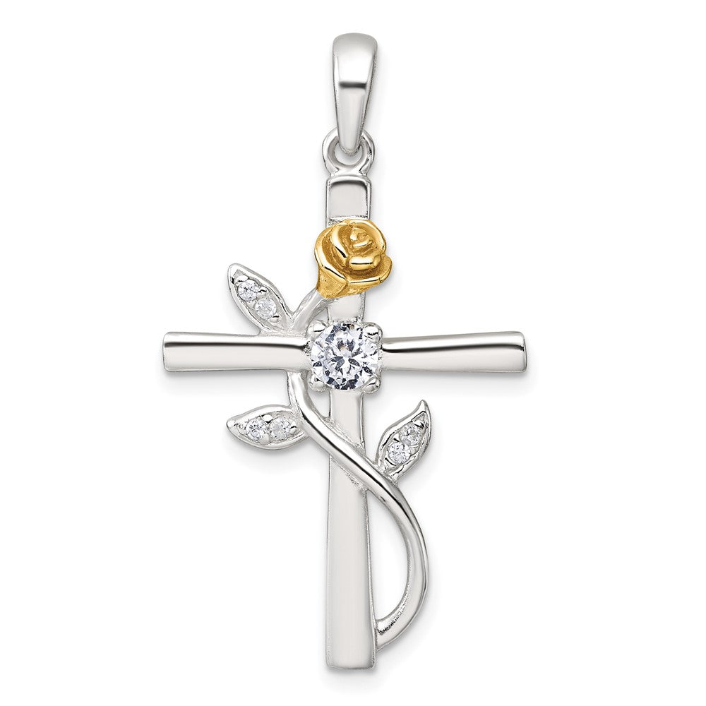 Sterling Silver Gold-Tone CZ Cross with Rose Pendant