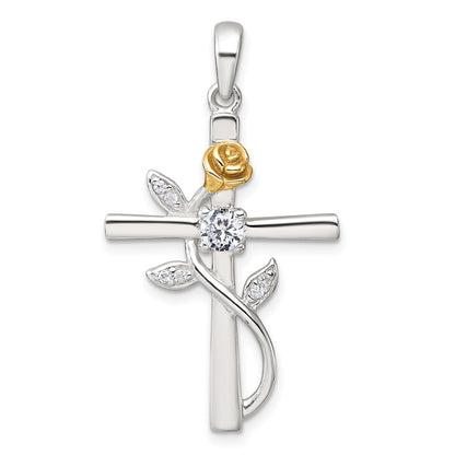 Sterling Silver Gold-Tone CZ Cross with Rose Pendant