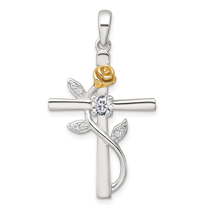 Sterling Silver Gold-Tone CZ Cross with Rose Pendant