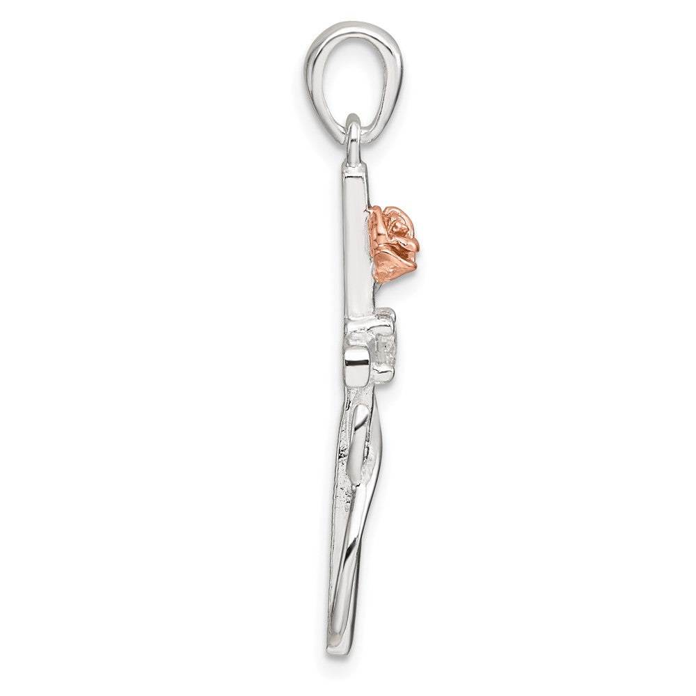 Sterling Silver Rose-Tone CZ Cross with Rose Pendant