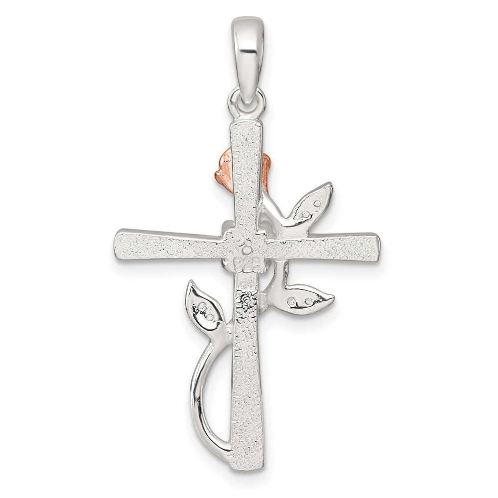 Sterling Silver Rose-Tone CZ Cross with Rose Pendant