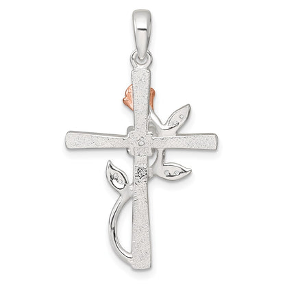 Sterling Silver Rose-Tone CZ Cross with Rose Pendant