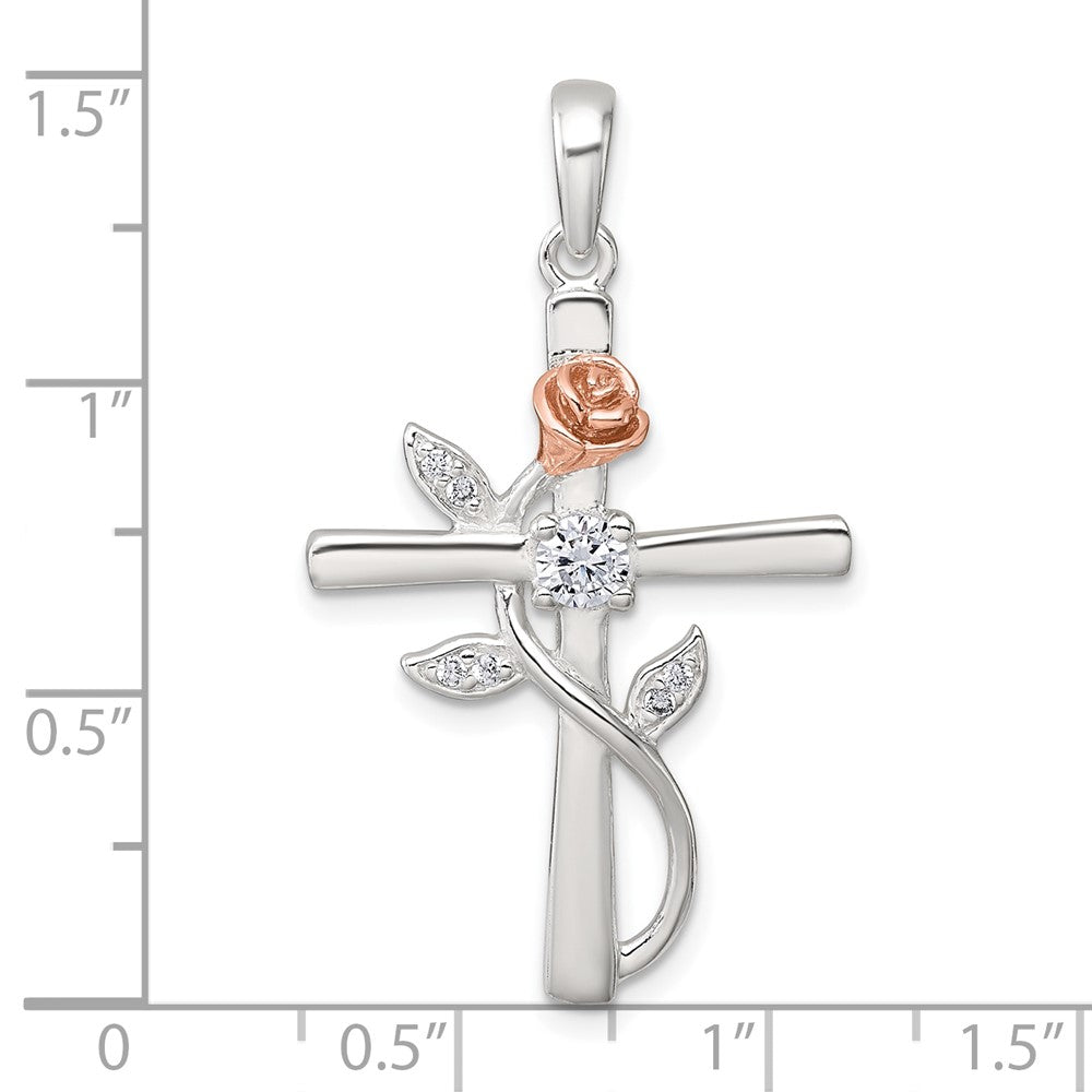 Sterling Silver Rose-Tone CZ Cross with Rose Pendant