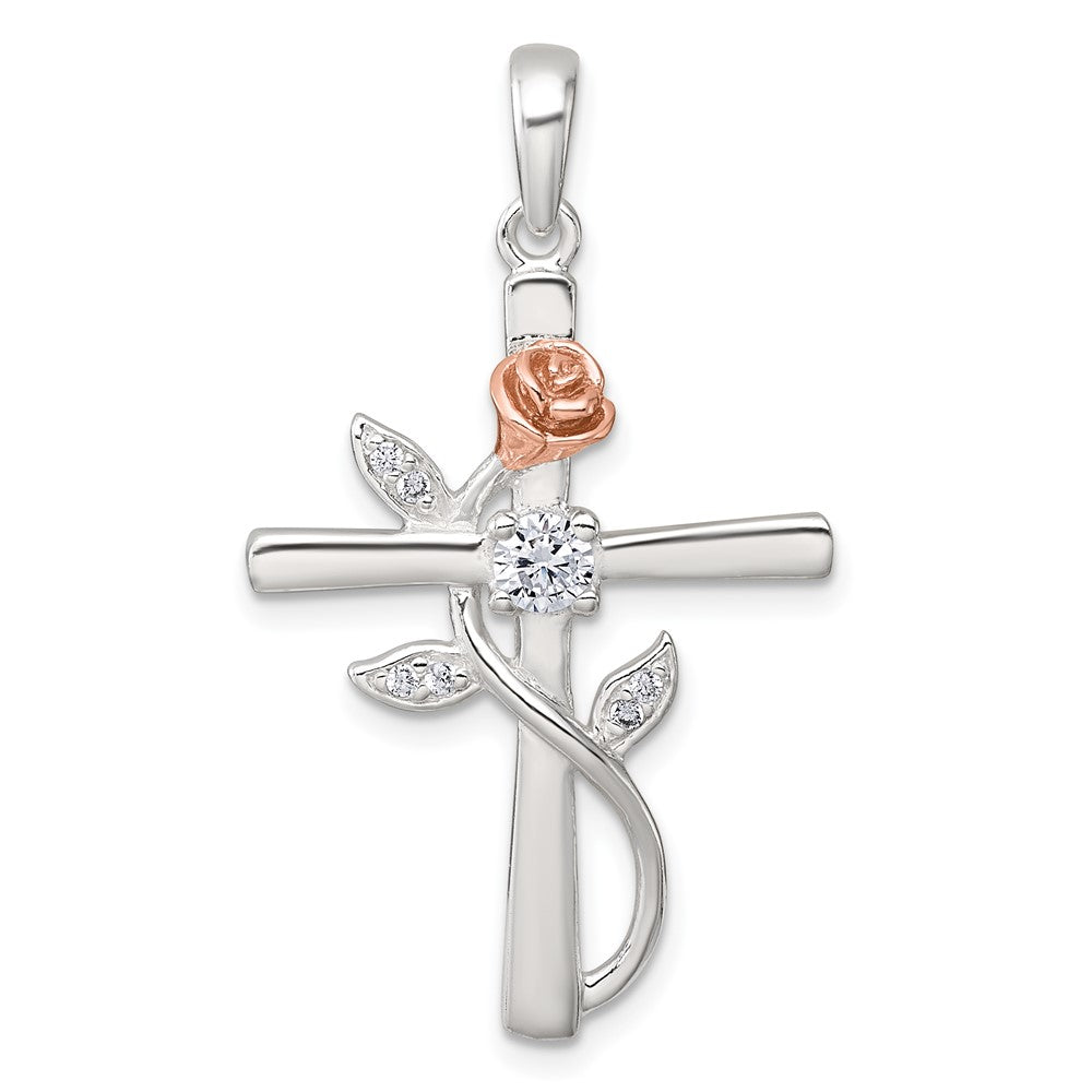 Sterling Silver Rose-Tone CZ Cross with Rose Pendant