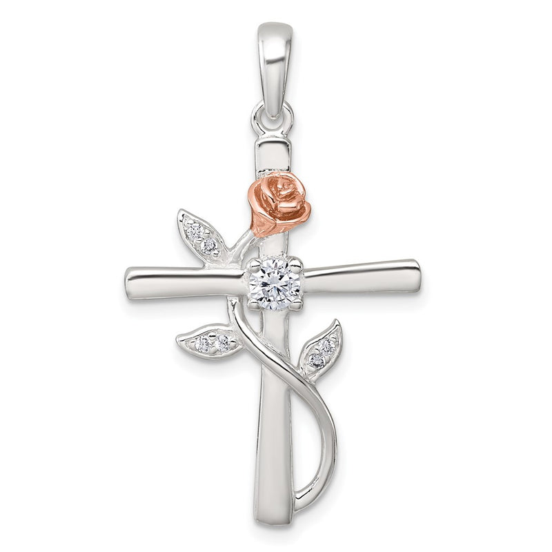 Sterling Silver Rose-Tone CZ Cross with Rose Pendant