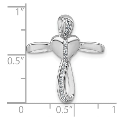 Sterling Silver Rhodium-Plat Polished CZ Heart Cross Chain Slide Pendant