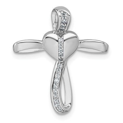 Sterling Silver Rhodium-Plat Polished CZ Heart Cross Chain Slide Pendant