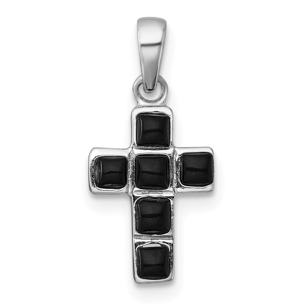 Sterling Silver Rhodium-Plated Polished Onyx Cross Pendant