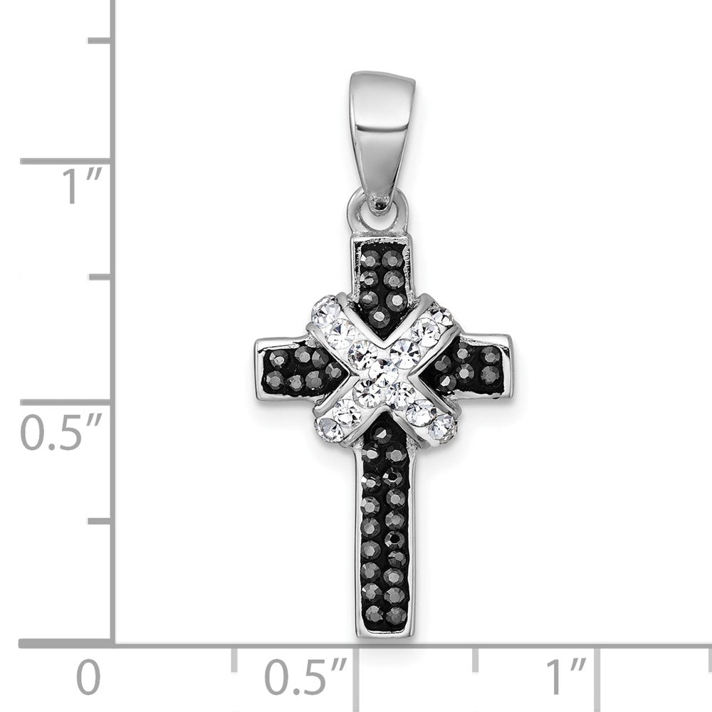 Sterling Silver Rhodium-Plated Black and White Crystal Cross Pendant