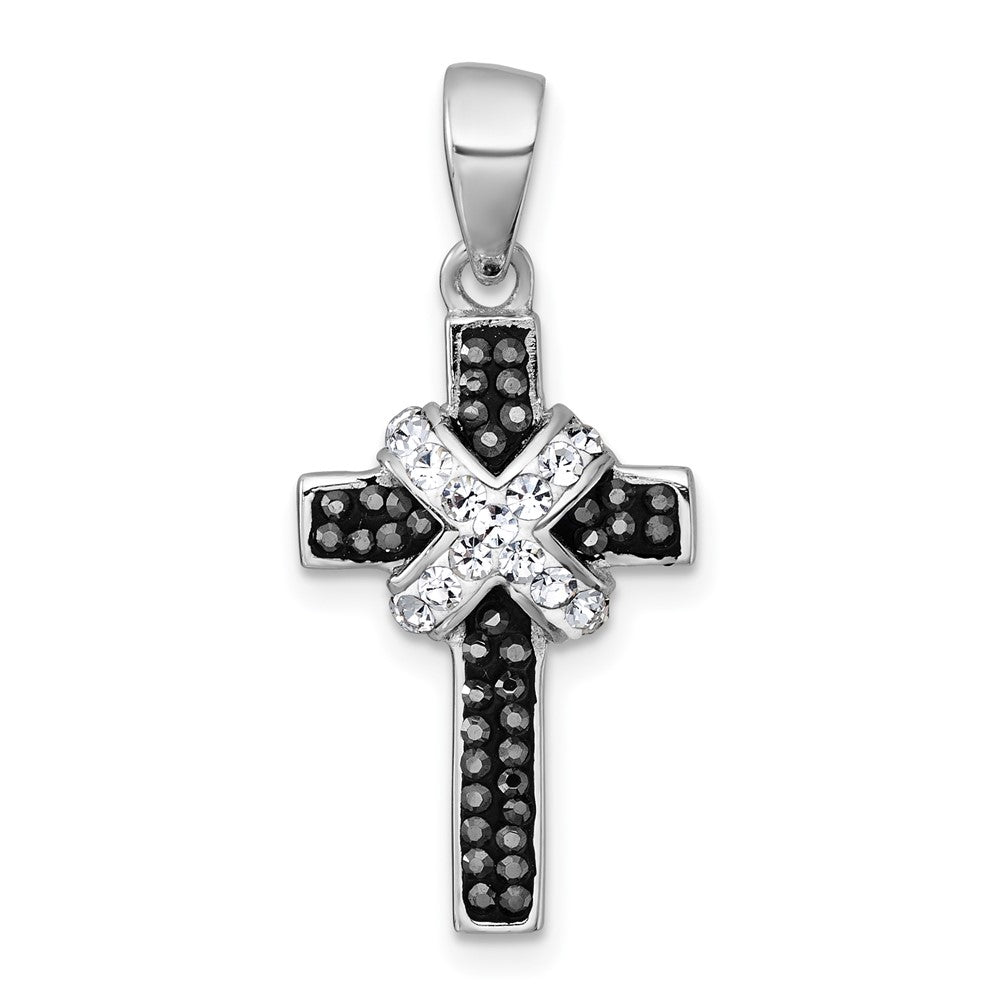 Sterling Silver Rhodium-Plated Black and White Crystal Cross Pendant