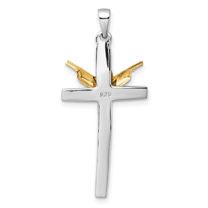 Sterling Silver Rhodium Plated Gold-Tone Crucifix with Raised Arms Pendant
