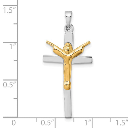 Sterling Silver Rhodium Plated Gold-Tone Crucifix with Raised Arms Pendant