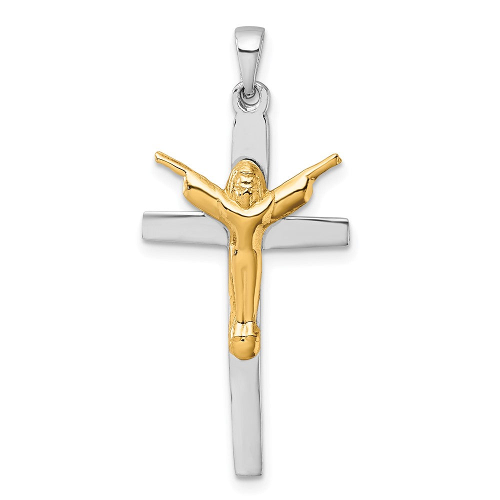 Sterling Silver Rhodium Plated Gold-Tone Crucifix with Raised Arms Pendant