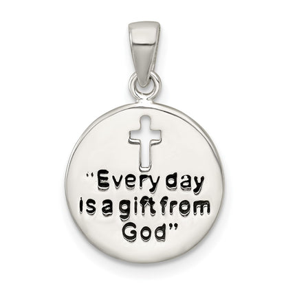 Sterling Silver Polished Enamel Gift From God Cross Disc Pendant