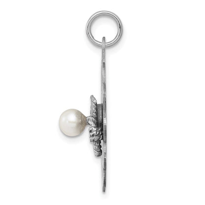 Sterling Silver Rhodium Graduation Day Disc With Fw Cultured Pearl Charm