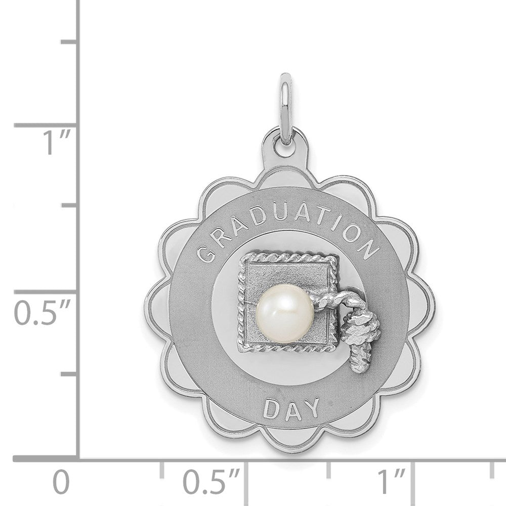 Sterling Silver Rhodium Graduation Day Disc With Fw Cultured Pearl Charm